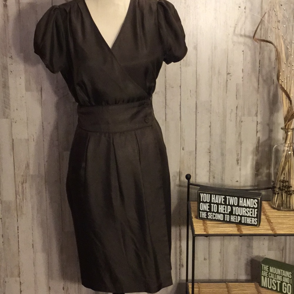 Tocca Dark Brown 100% Silk Satin Wrap-Style Dress